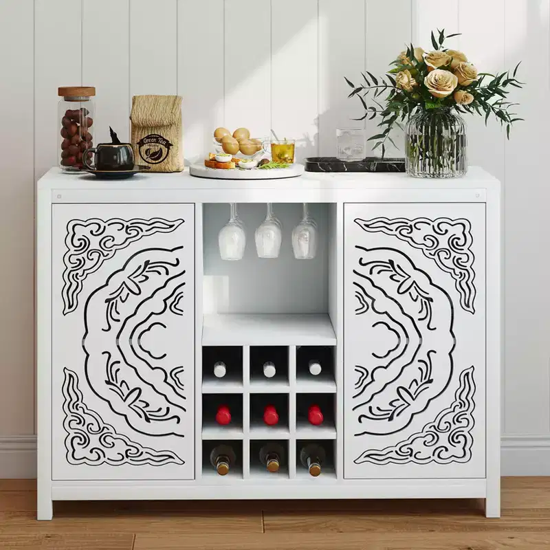 AEELLEEA Wine Bar Cabinet with 2 Doors MDF Buffet Storage Liquor Cabinet with Wine Rack and Glass Holder for Living Dining Room Kitchen White