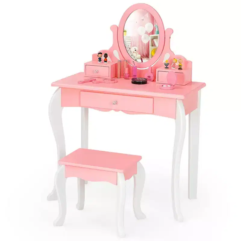 Costway Kids Vanity Princess Makeup Dressing Table Stool Set W/ Mirror Drawer