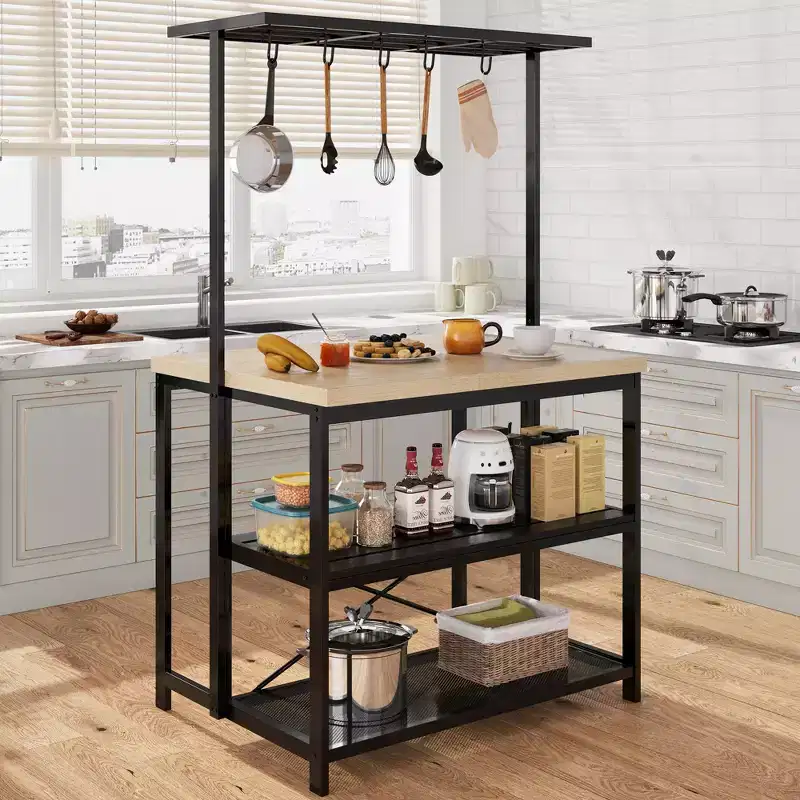Kitchen Island with Storage, Bakers Rack with Power Outlet, Island Table for Kitchen,3 Tier Microwave Stand Oven Shelf,Large Coffee Bar Table, Storage