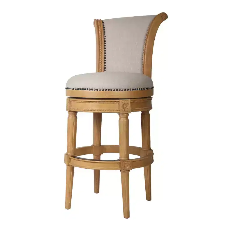 30 Beige and Natural Fabric and Solid Wood Bar Height Swivel Bar Chair