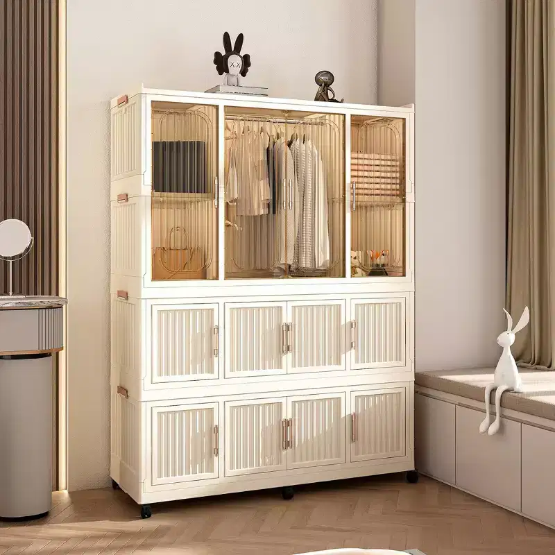 Wardrobe Closet Storage Organizer, 9 Magnetic Doors, 9 Cubes & 1 Hanging Rod, 6 Hangers Included, Polypropylene Frame