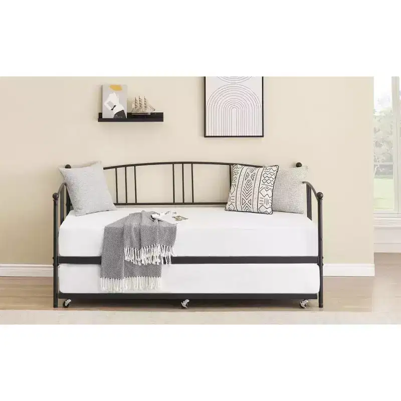 Twin Metal Daybed with Trundle,Twin Size Daybed Frame with Pullout Trundle 6 Casters,Steel Slat Support Guest Sofa Bed for Living,Bedroom,Apartment