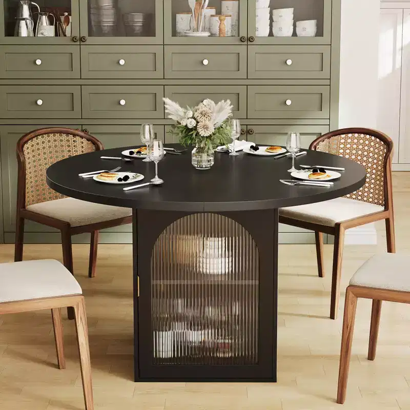 JVNOXK 47round dining table with modern base, striped glass doors with storage cabinet, seats 4 to 6 people, ideal for apartments or small spaces