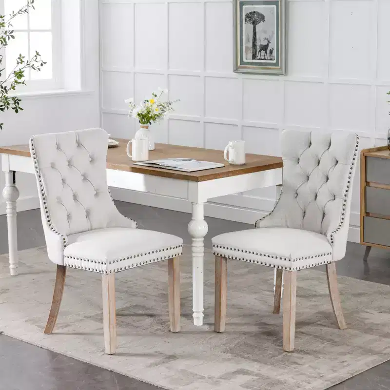 Okak Modern Flax Dining Chairs Set of 2, Comfy Fabric Chairs with High-end Tufted, Kitchen Side Chairs with Solid Wood Legs Nailhead Trim