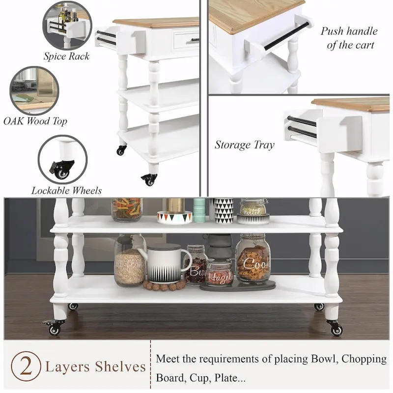 Rolling Kitchen Island Cart with Solid Oak Wood Top, Wine and Spice Rack
