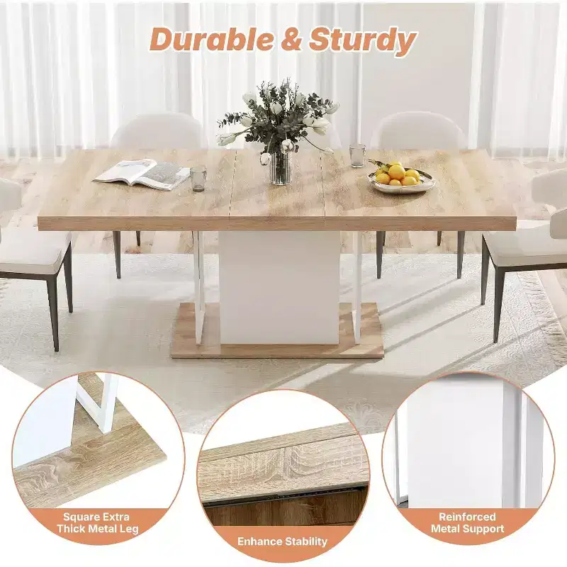 Zevemomo 63-78.7 Expandable Farmhouse Table, 6-10 Seater Wooden Dining Table with Metal Track & Central Base, Oak Finish for Living Room & Home