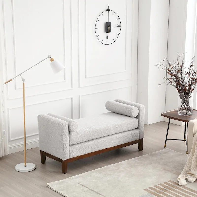 Elegant 53.5 Upholstered Ottoman Bench with Wood Legs & Bolster Pillows