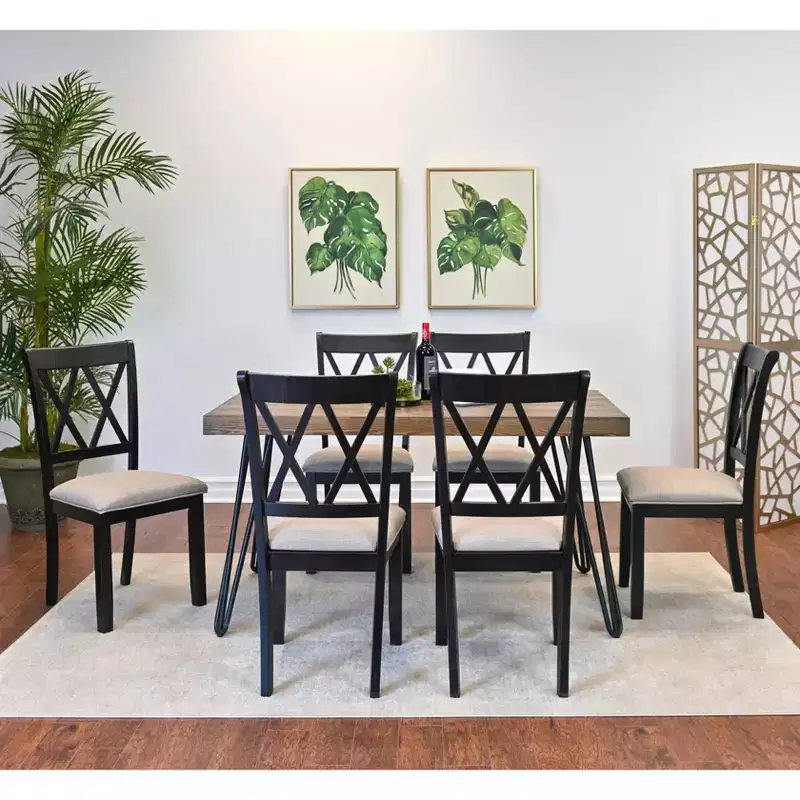 Arroyo 7-Piece Dining Set, Hairpin Dining Table with 6 Cross-back Chairs, Rich Black