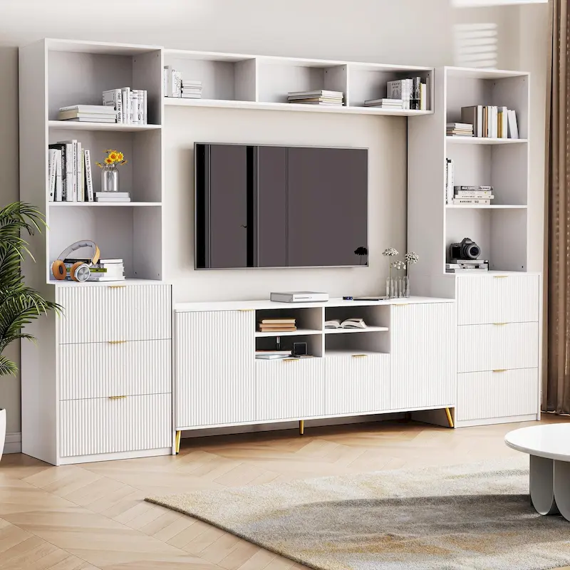 4-Piece Entertainment Wall Unit with 13 Shelves, 8 Drawers, and 2 Cabinets