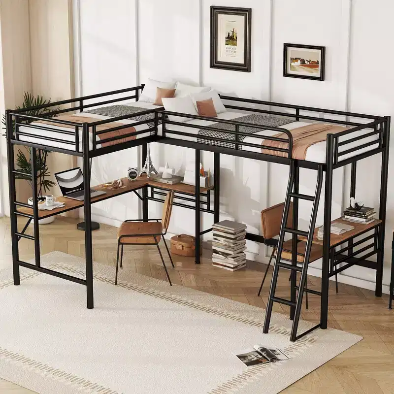Clihome Twin Size Metal Loft Bed with Two Built-in Desks