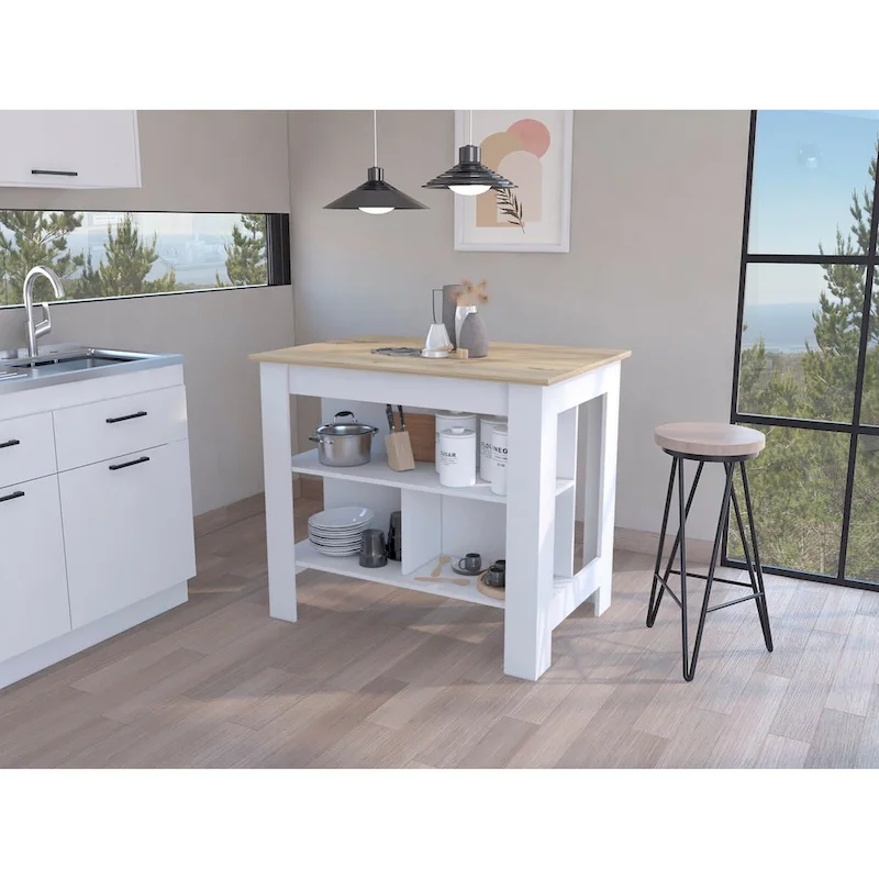 3-Shelf Kitchen Island White and Light Oak