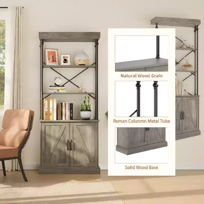 Industrial Farmhouse Bookcase with Doors - 74 Tall Wood & Metal Bookshelf with Storage Cabinet for Living Room, Home Office, Bedroom, Library