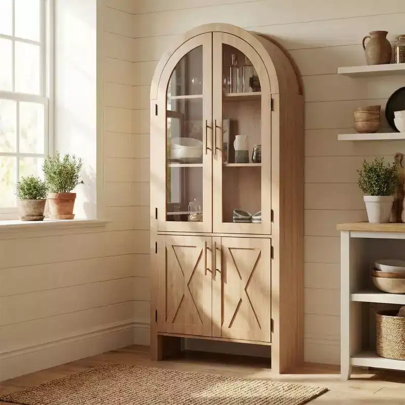 60 Inch Arched Display Cabinet with Glass Doors & Adjustable Shelves, Modern Wood Storage Cabinet for Kitchen, Bathroom, Entryway and Dining Room
