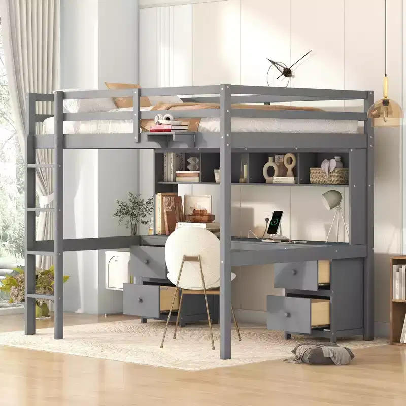 Whisen 78.4Lx 57.6W Full Size Loft Bed with Desk, Cabinets, Drawers and Bedside Tray, Built-in Charging Station, Multiple Storage
