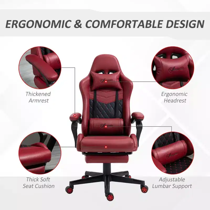 TUYOHW 360Swivel Gaming Chair Office Chairs with Reclining Back,Adjustable Seat Height&Footrest,17-21 Ergonomics Video Game Chairs Office,Red