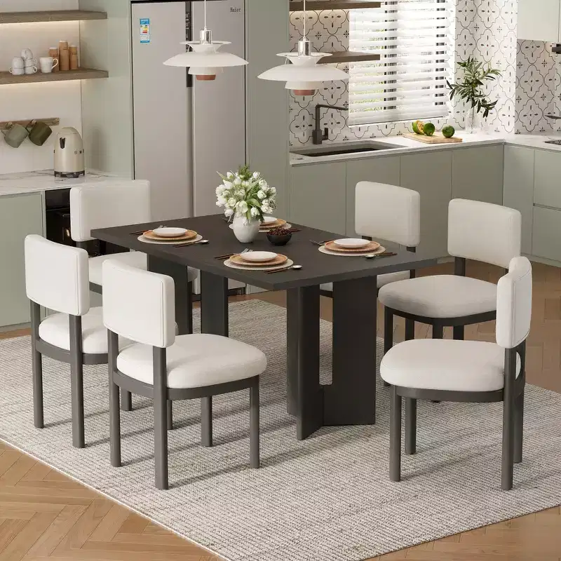 Whisen Farmhouse Wood Dining Table Set for 6 with 6 Upholstered Chairs, 60 Rectangular Dining Table with Cutout Table Legs