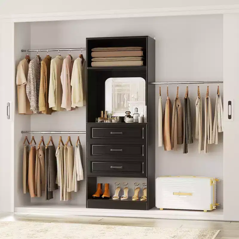 Besiost Freestanding Closet System with Hanging Rods and Mirror, Walk-In Wooden Closet Storage with Drawer
