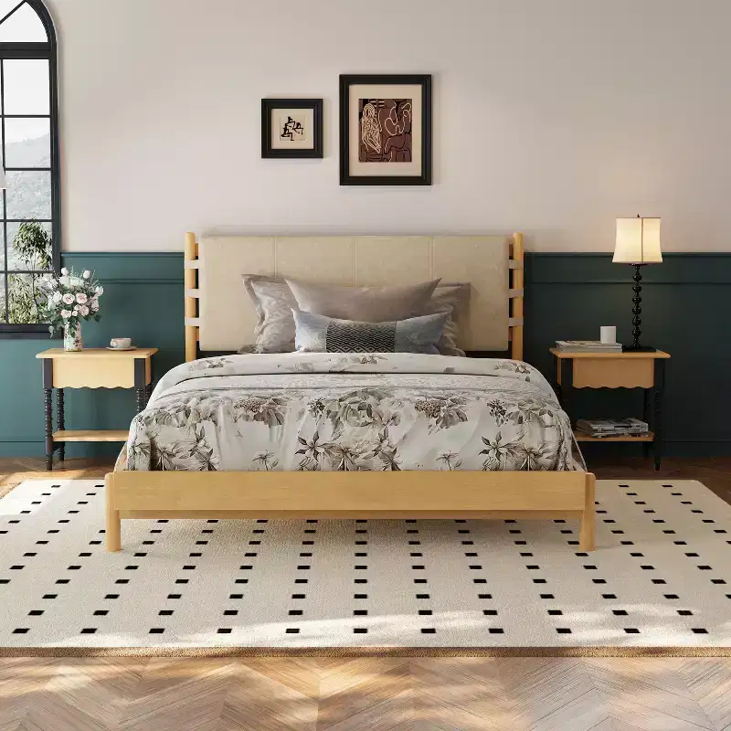 Mid-Century Rubberwood Platform Bed Frame with Faux Leather Strap Headboard