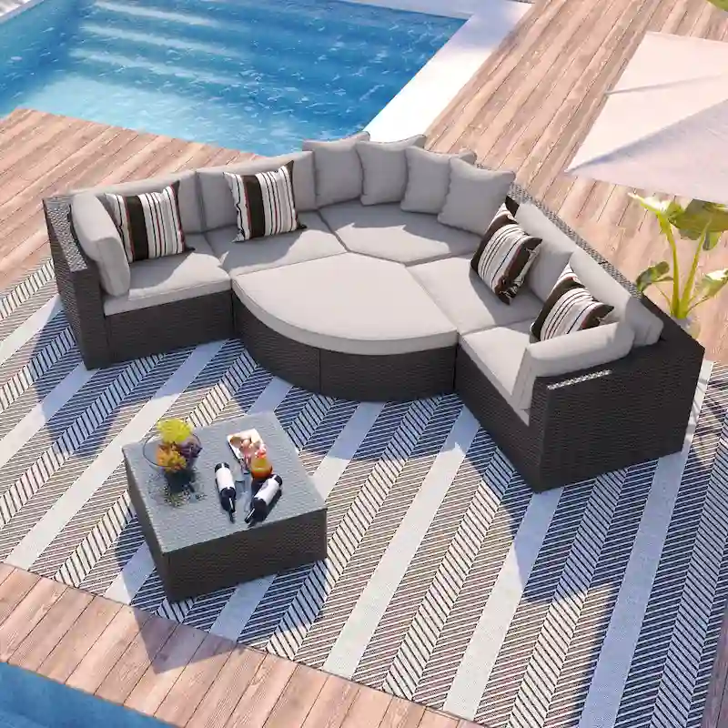 7 Piece Patio Curved Furniture Set, All Weather Outdoor Wicker Sofa Set, Rattan Sofa Lounger with Pillows and Cushio
