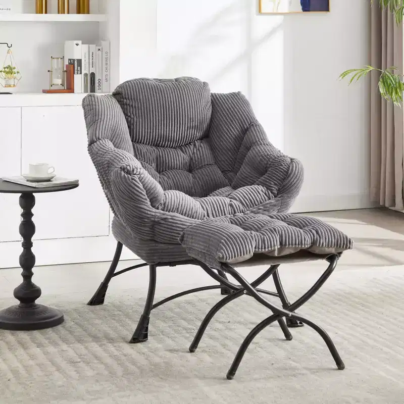 Lazy Chair with Ottoman, Modern Lounge Accent Chair with Armrests and a Side Pocket, Leisure Upholstered Sofa Chair Reading Chair with Footrest