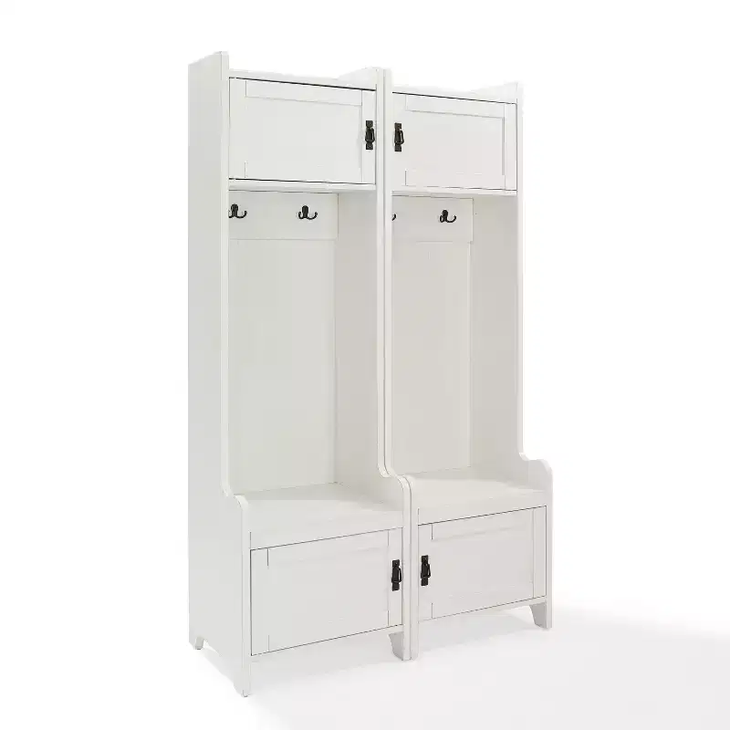 Crosley 2pc Fremont Entryway Kit Two Towers White: Hall Tree Organizer with 4 Hooks, Wood Veneer, Metal Hardware