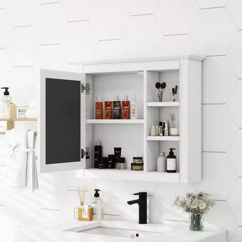 28 in Medicine Cabinet, Wall Mounted Bathroom Storage Cabinet with Mirror, 3 Open Shelves, Modern White