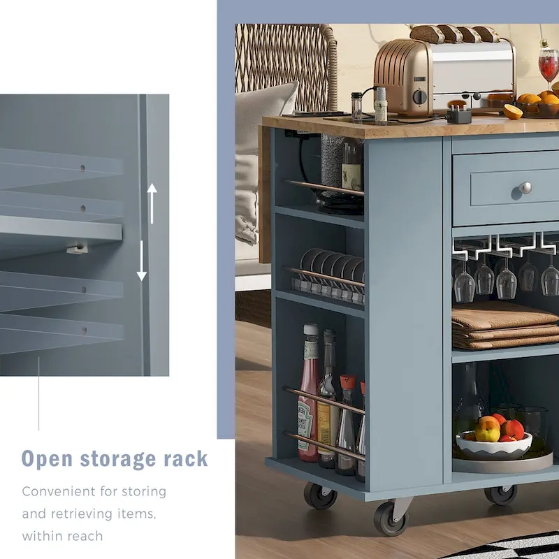 Adjustable Shelves Kitchen Island with Power Outlet and Drop Leaf