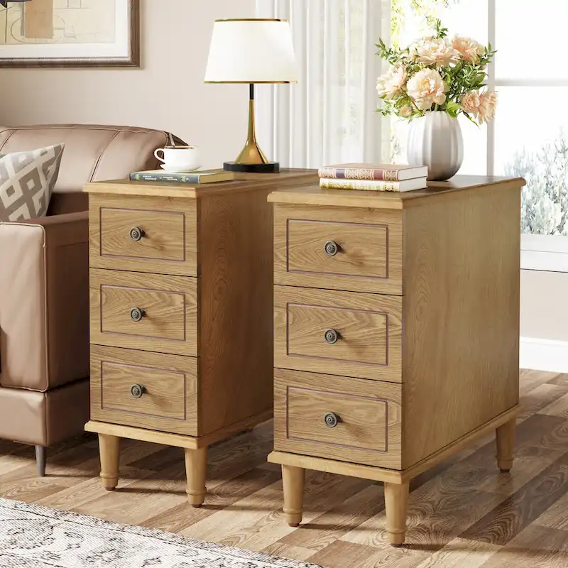 Wood End Table, Fully Assembled Narrow Side Table with 3 Drawers