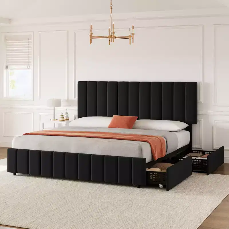 Linen Quilted Upholstered Platform Bed with Adjustable Headboard & 4 Storage Drawers, Sturdy Wooden Slats Support & No Box Spring Needed