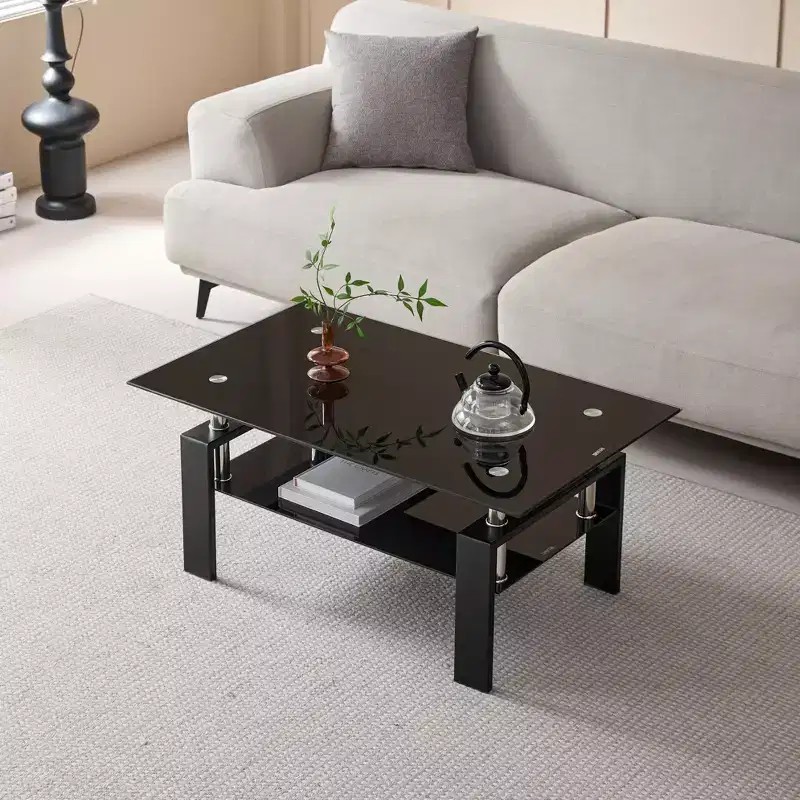 Tempered Black Glass Coffee Table, 2-Tier Modern Center Table for Living Room