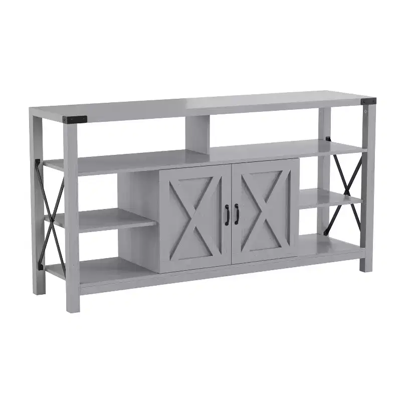Rustic Farmhouse Media Console with Open and Closed Storage, Barn Door TV Stand