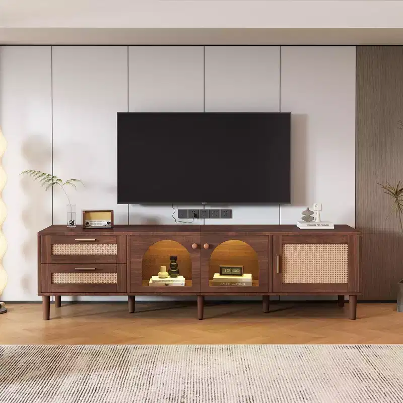 Rattan TV Stand with LED Light for 80 inch TV, Wood TV Storage Cabinet with Glass Doors and 2 Drawer, Media Console with Solid Wood Legs, Dark Brown