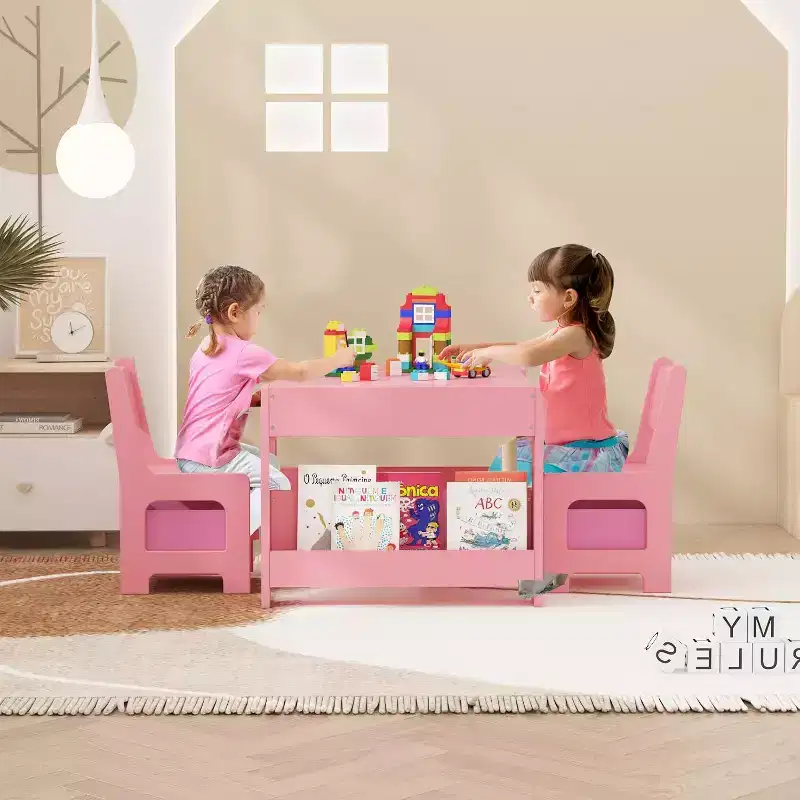 Garvee Kids Table and Chair Set, 4-in-1 Wooden Activity Table & 2 Chairs with Storage Drawer Detachable Tabletop, for Kids (Pink)
