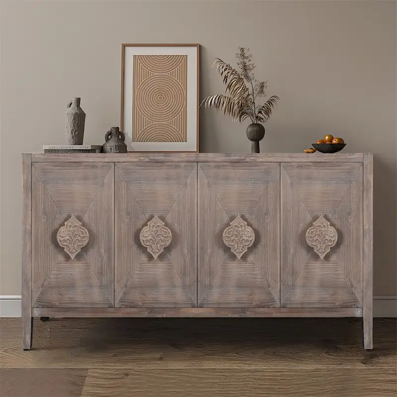 Four Door Cabinet with Carved Flower Door Handle
