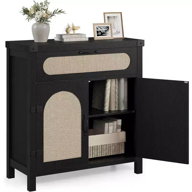 Black/Natural Rattan Door Sideboard with Drawer & Adjustable Shelf, 1-Person Assembly