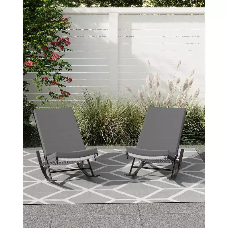 Outdoor Rocking Chairs Set of 2, Indoor Lounge Rocker Chair with Padded Cushion & Metal Frame & Rattan Seat, for Garden, Backyard, Lawn, Patio