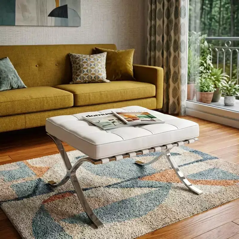 24 White Genuine Leather and Silver Tufted Footstool Ottoman