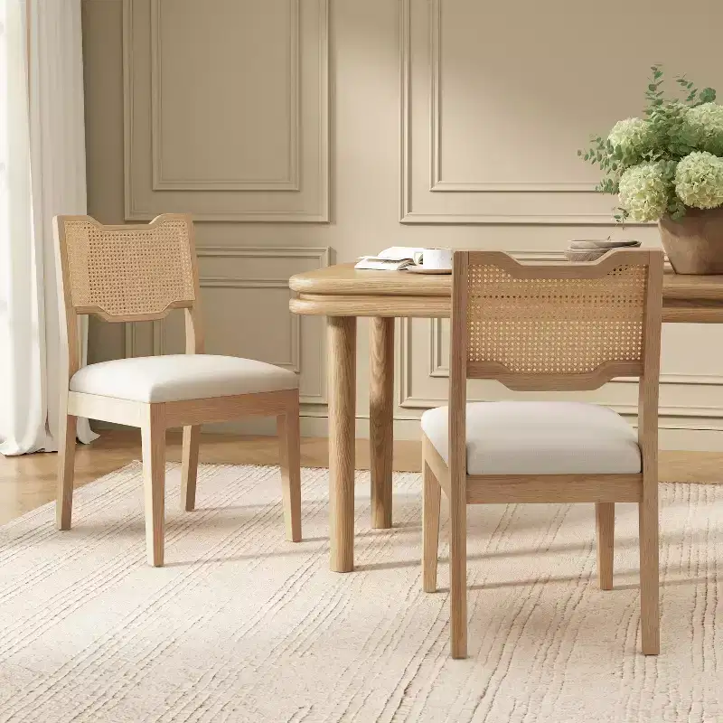 Lea Farmhouse Rubberwood Rattan Upholstered Dining Chairs