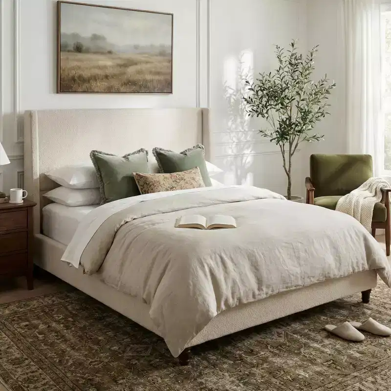 Modern Boucle Upholstered Platform Bed with Wingback Headboard