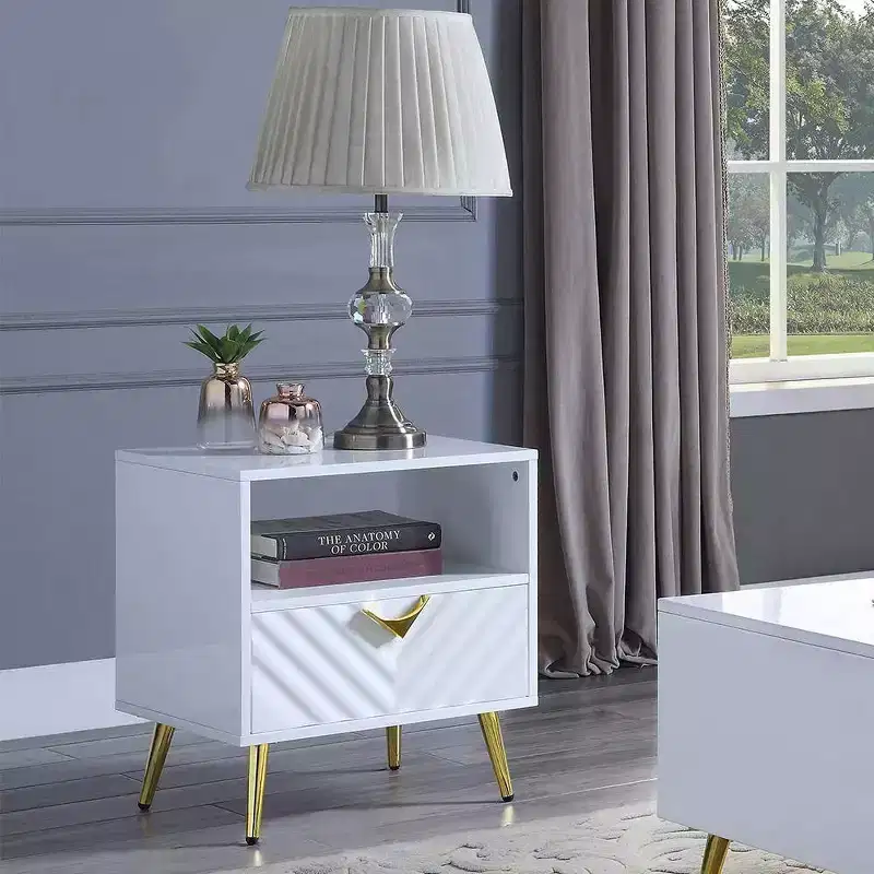 Gaines 20 Accent Tables White High Gloss - Acme Furniture: Mid-century Design, Gold Metal Legs, Storage Shelf