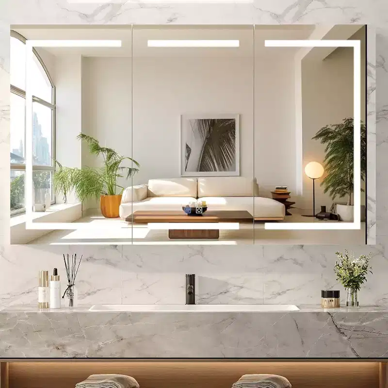 Extra Large Lighted Bathroom Medicine Cabinet with Mirror, Large 3-Door Wall Mounted Bathroom Medicine Cabinet with Lights