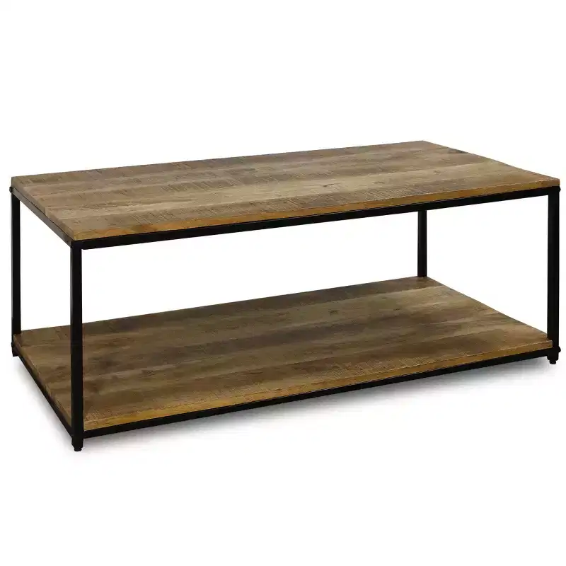 StyleCraft Iron Frame and Lower Shelf Rectangle Coffee Table Natural/Black: Mango Wood, Industrial Style, Fixed Shelf