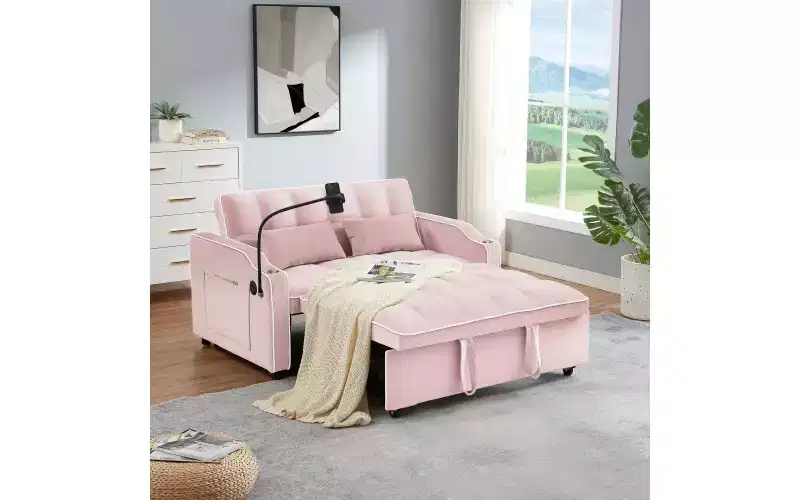 Convertible Sleeper Sofa Bed, Velvet Futon Loveseat with USB, Pull-Out Bed, Cup Holders, Swivel Phone Holder for Small Spaces
