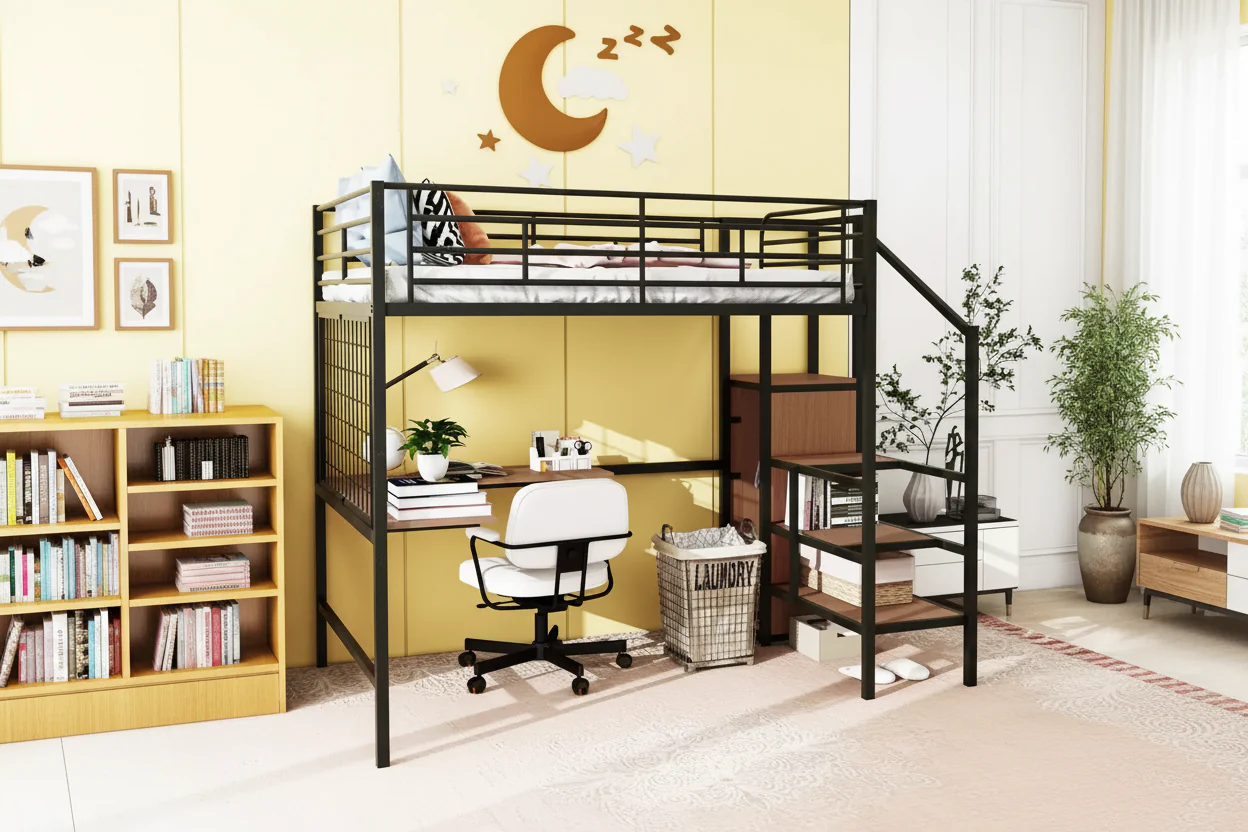 Full Size Metal Loft Bed with Desk and Metal Grid, Stylish Metal Frame Bed with Lateral Storage Ladder and Wardrobe, Black
