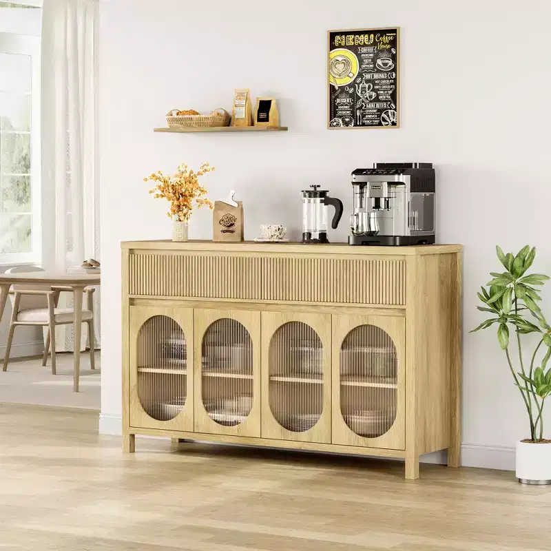 55 inch Sideboard Buffet Cabinet with Storage, Modern Farmhouse Coffee Bar Cabinet with 4 Oval Glass Doors, 2 Drawers, Wood Console Table
