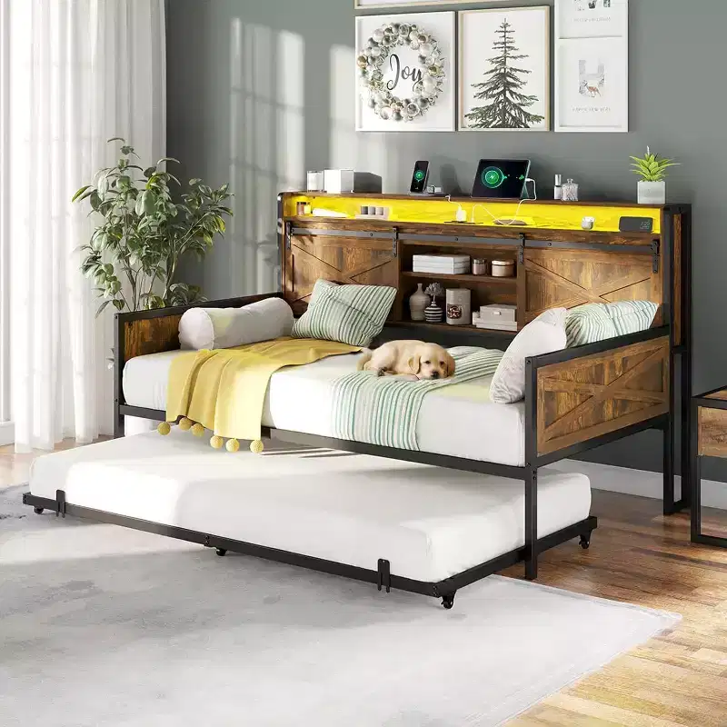 Twin Daybed with Trundle, LED Lights and Charging Station, Metal Frame with Farmhouse Headboard