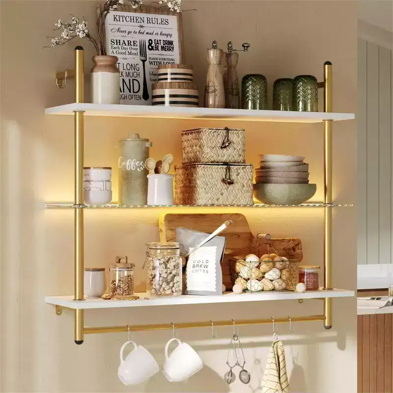 Bestier 41 Floating Shelves with LED Light, 3-Tier Wall-Mounted Wood Shelves with 8 S-Hooks, White Finish & Gold Frame