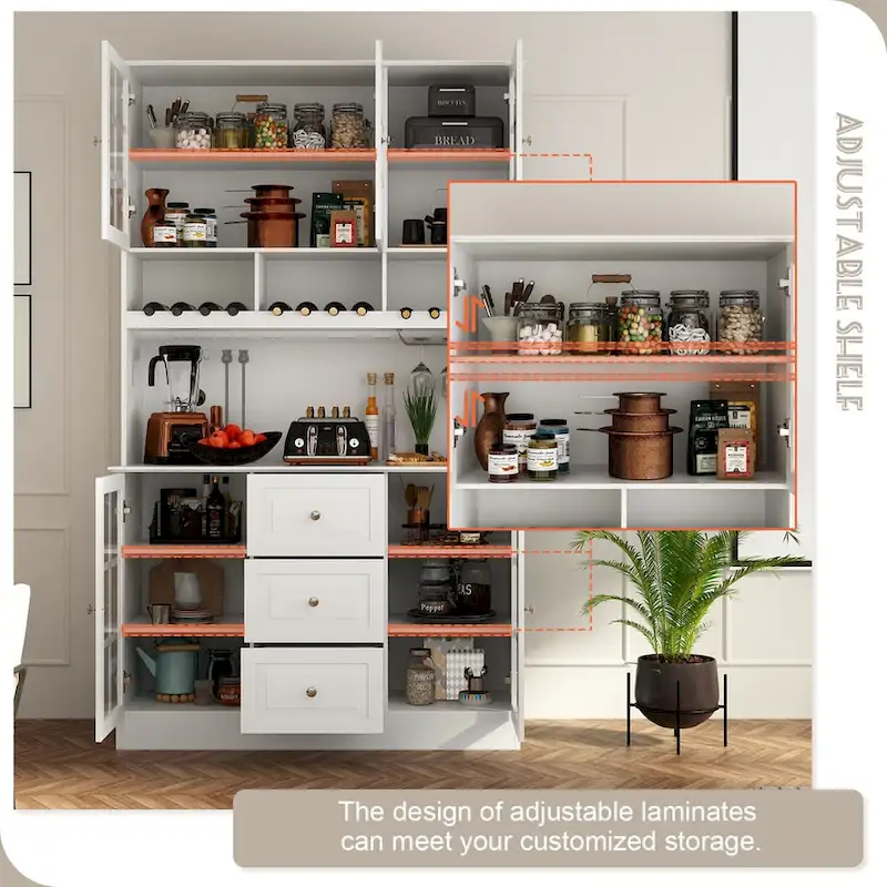 78.9Pantry Buffet White Buffet with Wine Glass Rack Drawer and Hutch