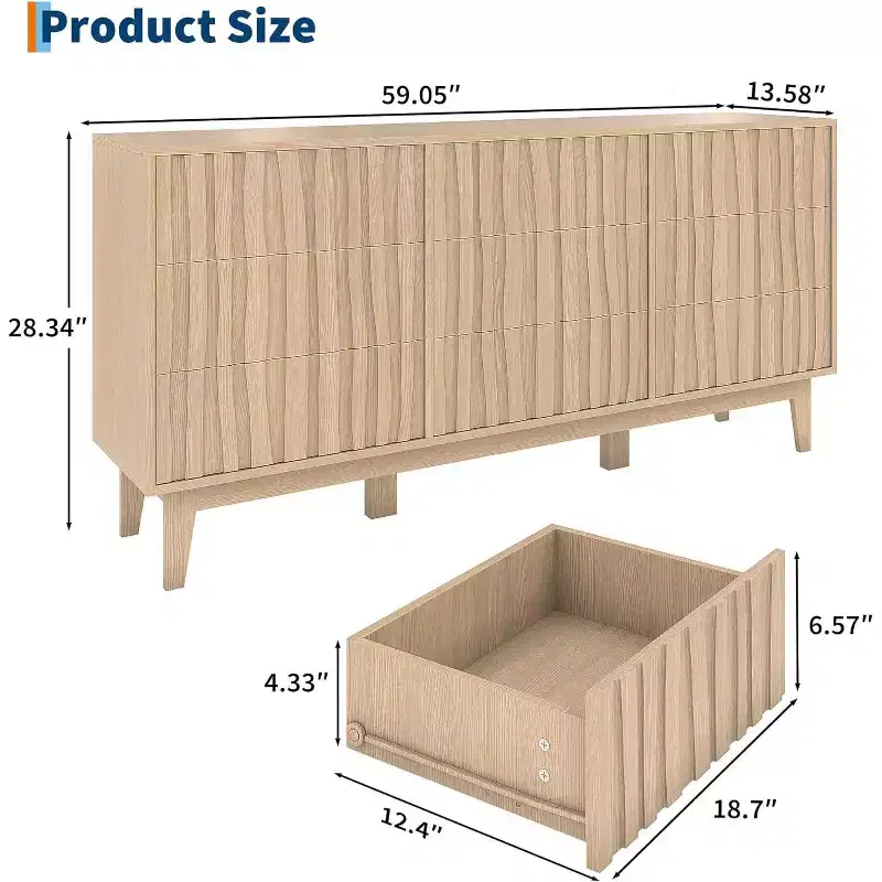 Fluted Dresser for Bedroom with 9 Drawers for Bedroom, Modern Fluted Chest of Drawers, Freestanding Wooden Storage Cabinet, TV Stand for Home Office
