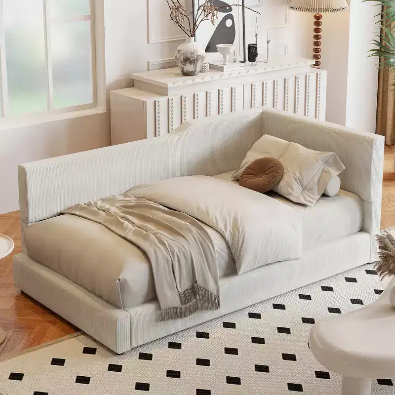 Twin/Full Size L-Shaped Corduroy Upholstered Daybed, 4D